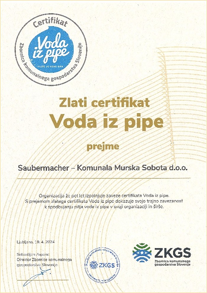 PODJETJE SAUBERMACHER – KOMUNALA EDEN OD PREJEMNIKOV  ZLATEGA CERTIFIKATA VODA IZ PIPE
